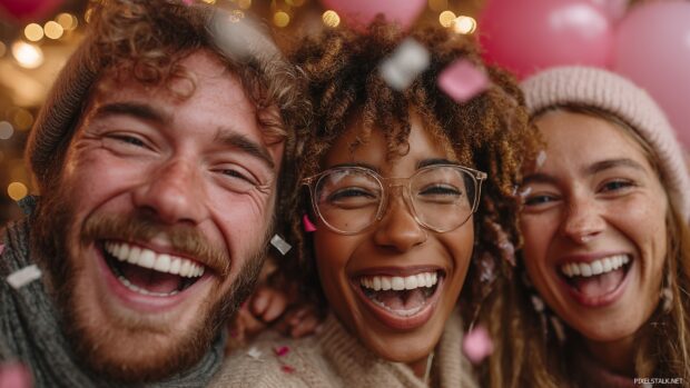 Inviting happy birthday wallpaper hd graphic featuring friends celebrating with laughter and joy.
