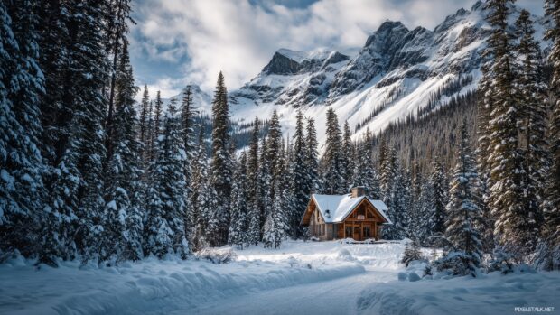 Inviting snow scenery wallpapers HD depicting a cozy cabin surrounded by snow laden trees and mountains in the distance.