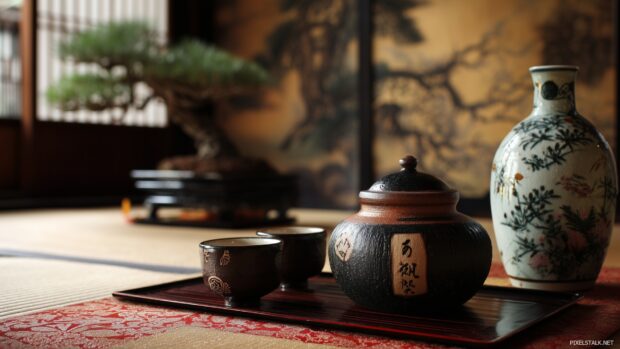 Japan culture HD wallpapers depicting a traditional Tea Ceremony with elegant tatami mats and delicate tea sets.