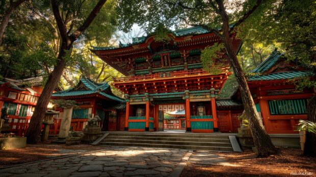 Japan culture HD wallpapers displaying the ornate architecture of a Shinto shrine surrounded by nature.