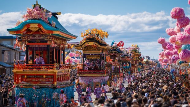 Japan culture HD wallpapers highlighting the festive atmosphere of a Matsuri with colorful floats and joyful crowds.