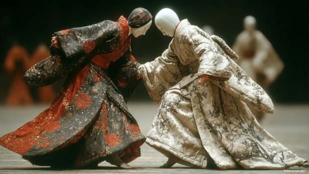 Japan culture HD wallpapers illustrating an artistic representation of a traditional Noh theater performance.