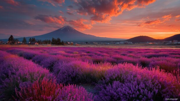 Japan scenery HD wallpapers featuring an expansive field of lavender with mountains in the distance during sunset.