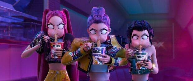 K Pop Demon Hunters Enjoying Noodles in Action Packed Scene.