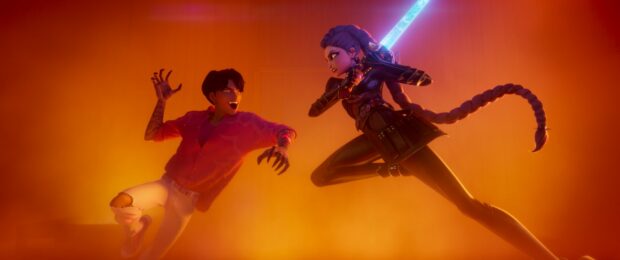KPop Demon Hunter Faces Fierce Battle in Electronic Glow.