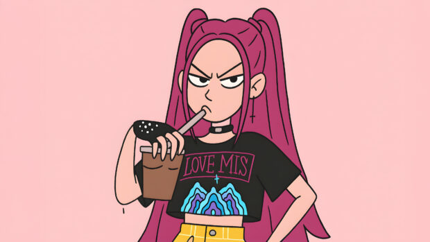 KPop Demon Hunter with Pink Hair Drinking Bubble Tea.