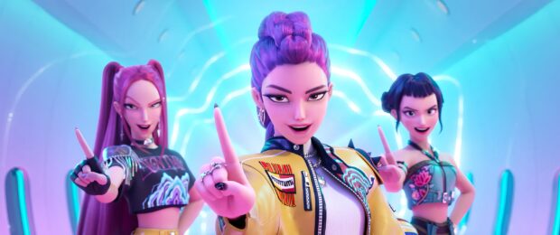 KPop Demon Hunters Animated Trio in Neon Glow Scene.