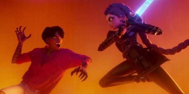 KPop Demon Hunters Face Off in Epic Battle Scene.