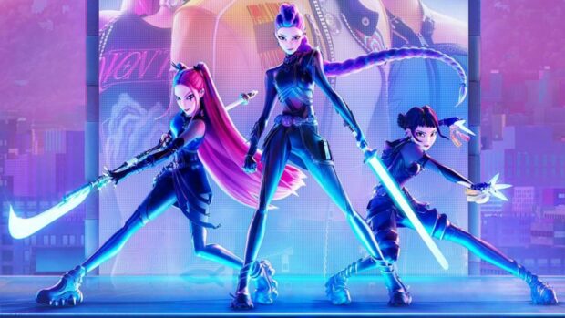 KPop Demon Hunters Team in Action with Futuristic Weapons.