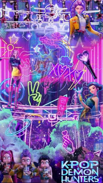 KPop Demon Hunters Vibrant Neon Phone Wallpaper.