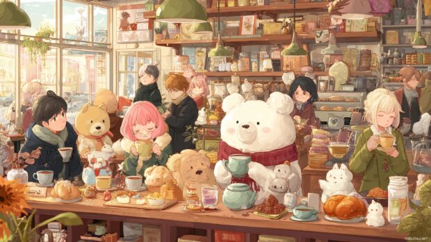 Kawaii Characters Wallpaper, A cozy coffee shop filled with cute anime style characters enjoying warm drinks and pastries.