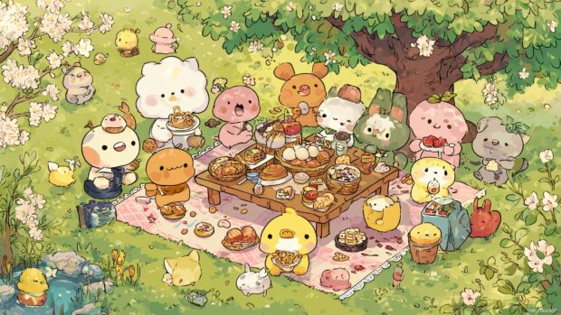 Kawaii Characters Wallpaper, A vibrant picnic scene with various kawaii characters enjoying snacks under a tree.