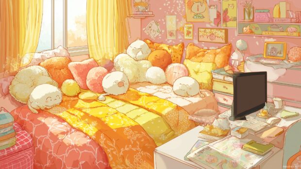 Kawaii Desktop Wallpapers, A cozy bedroom scene with cute anime style furniture, featuring fluffy pillows and bright colors.