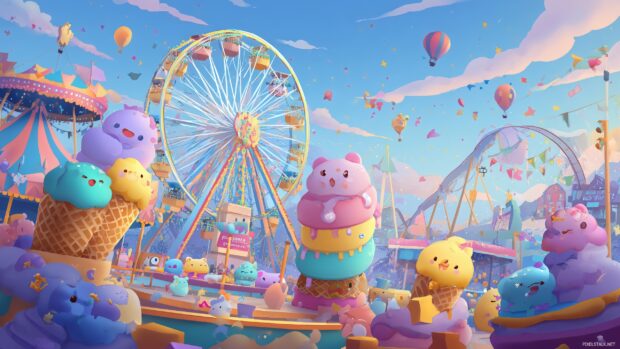 Kawaii Desktop Wallpapers, An exciting carnival scene with kawaii characters riding attractions and playing games.