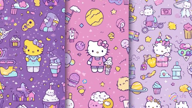 Kawaii Hello Kitty themed desktop wallpapers with vibrant designs and playful elements.