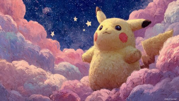 Kawaii Pikachu wallpapers hd illustrating Pikachu surrounded by pastel colored clouds and stars.