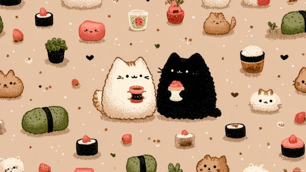 Kawaii cat anime wallpaper filled with cheerful patterns and adorable character designs.