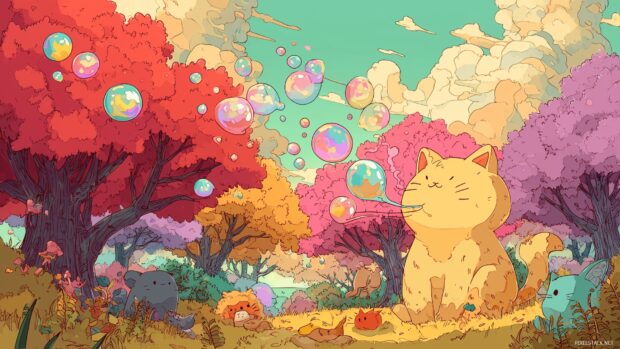 Kawaii cat background, A bubbly cartoon cat blowing bubbles in a park filled with colorful trees and cheerful animals.