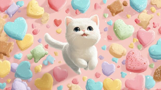 Kawaii cat background, A cheerful kitten surrounded by pastel colored hearts and sweets, creating a joyful and playful atmosphere.