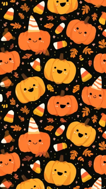 Kawaii style cute pumpkin faces surrounded by candy corn and autumn leaves in a fun pattern.
