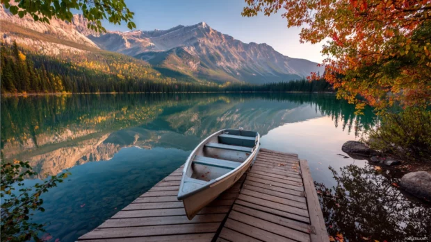 Lake fall mountain wallpaper showing serene boat dock on reflective mountain lake framed by fall colors.
