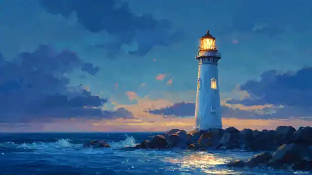 Lighthouse background 1920x1080 depicting tall white tower illuminated against sapphire twilight and gentle waves.
