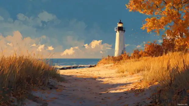 Lighthouse glowing warmly on a quiet beach as the golden autumn leaves gently fall around the coastal path.