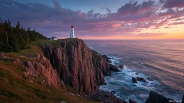 Lighthouse on cliff desktop background featuring majestic tower standing atop steep cliff with ocean backdrop at sunrise.