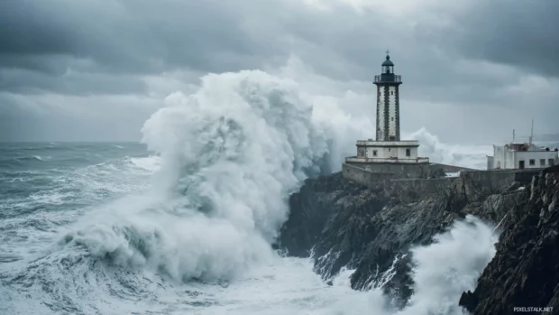 Lighthouse waves crashing wallpaper depicting dynamic sea surge hitting weathered lighthouse on cliff edge.