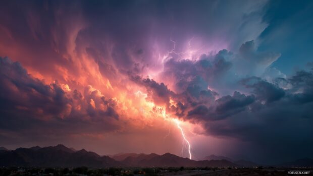 Lightning HD Wallpaper Download, An ethereal representation of lightning dancing across a colorful sunset sky.
