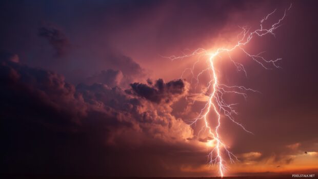 Lightning bolt desktop designs, A close up of a magnificent lightning bolt cascading from a cloud, set against a stormy sky backdrop.