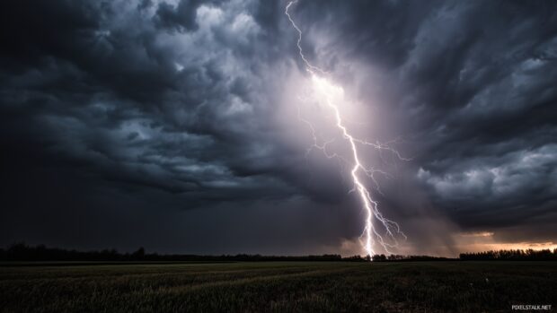 Lightning storm backgrounds for PC, A powerful lightning bolt striking through the clouds above an open field, dramatic shadows and contrasts.
