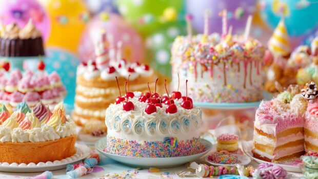 Lively happy birthday wallpaper hd filled with colorful cake designs and sweet treats.