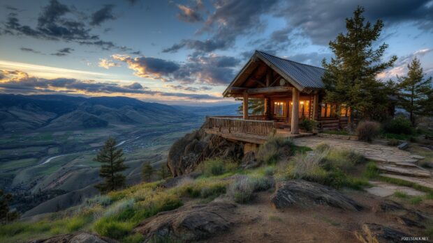 Log cabin wallpapers hd, A log cabin perched on a hillside with breathtaking views of the valley.