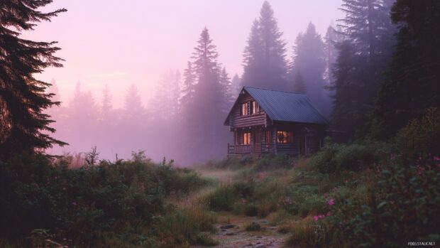 Log cabin wallpapers hd, A serene log cabin nestled in a misty forest at dawn.