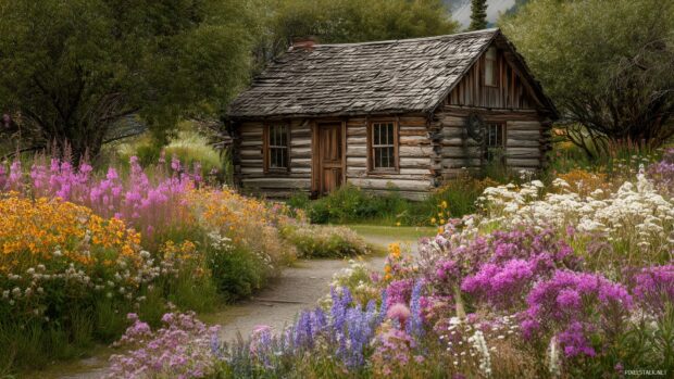 Log house wallpapers, A charming log house made of timber with wildflowers in the foreground.