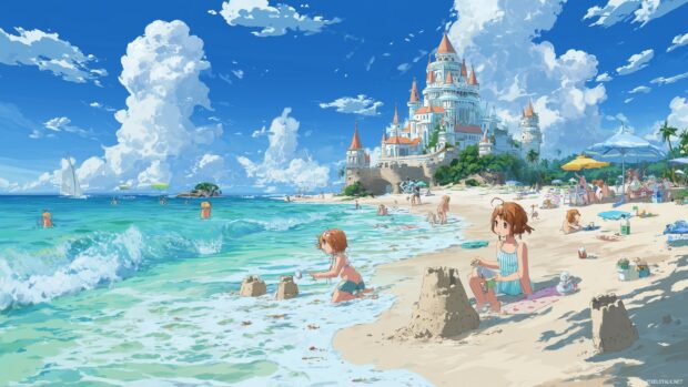 Lovely Anime Wallpapers, A colorful beach scene with adorable anime characters building sandcastles and playing in the waves.