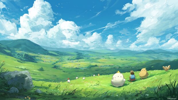 Lovely Anime Wallpapers, A dreamy landscape with rolling hills and adorable animals enjoying a cheerful day.