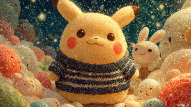 Lovely kawaii Pikachu wallpapers hd with Pikachu surrounded by cute animals in a whimsical setting.
