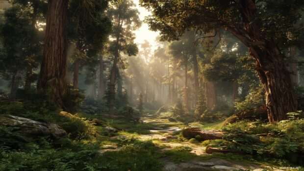 Lush forest with sunlight filtering through trees, 3D live wallpapers HD.