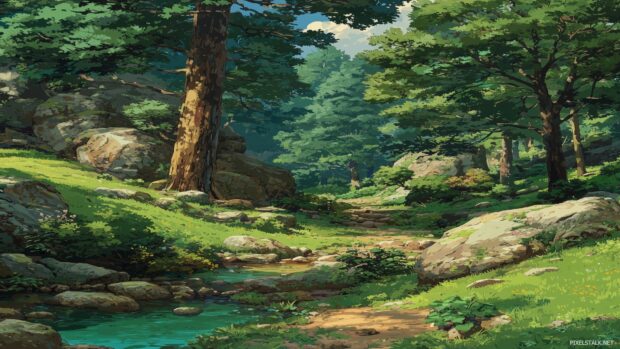 Lush forests with vibrant anime backgrounds 1080p anime style.