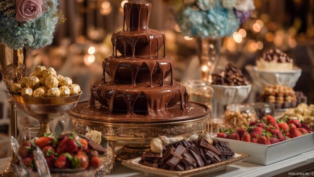 Luxurious food images HD showcasing a rich chocolate fountain at a lavish party.