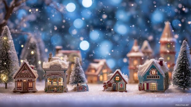Magical Christmas scenes with snow wallpapers HD, illustrating festive decorations and cheerful holiday spirit in a snowy backdrop.