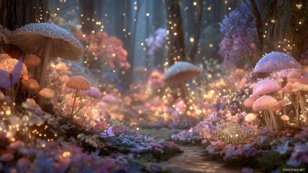 Magical forest with sparkling fairy lights and whimsical creatures, animated 3D wallpapers.