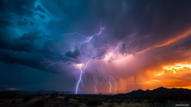 Majestic lightning tempest, A vast lightning storm spreading across a desert landscape at dusk, with vibrant colors and contrasts.
