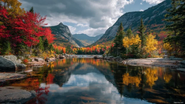 Majestic mountains covered in Fall foliage with scattered red and yellow trees surrounding calm lakes.