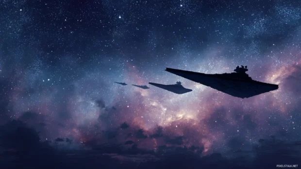 Majestic ship silhouettes crossing a star wars galaxy background.