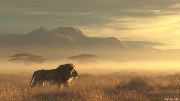 Majestic wildlife scene featuring a lion in the savannah, high definition 3D backgrounds.