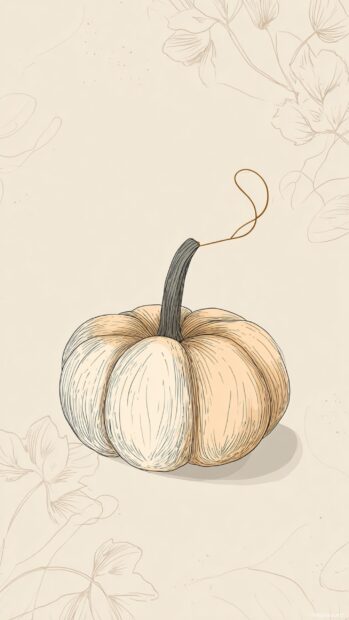 Minimal pumpkin iphone wallpaper with single line art pumpkin centered on creamy off white backdrop, delicate vine pattern framing edges.