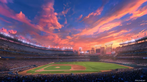 Mlb desktop background illustrating iconic stadium panorama at sunset with dugout and fans visible.
